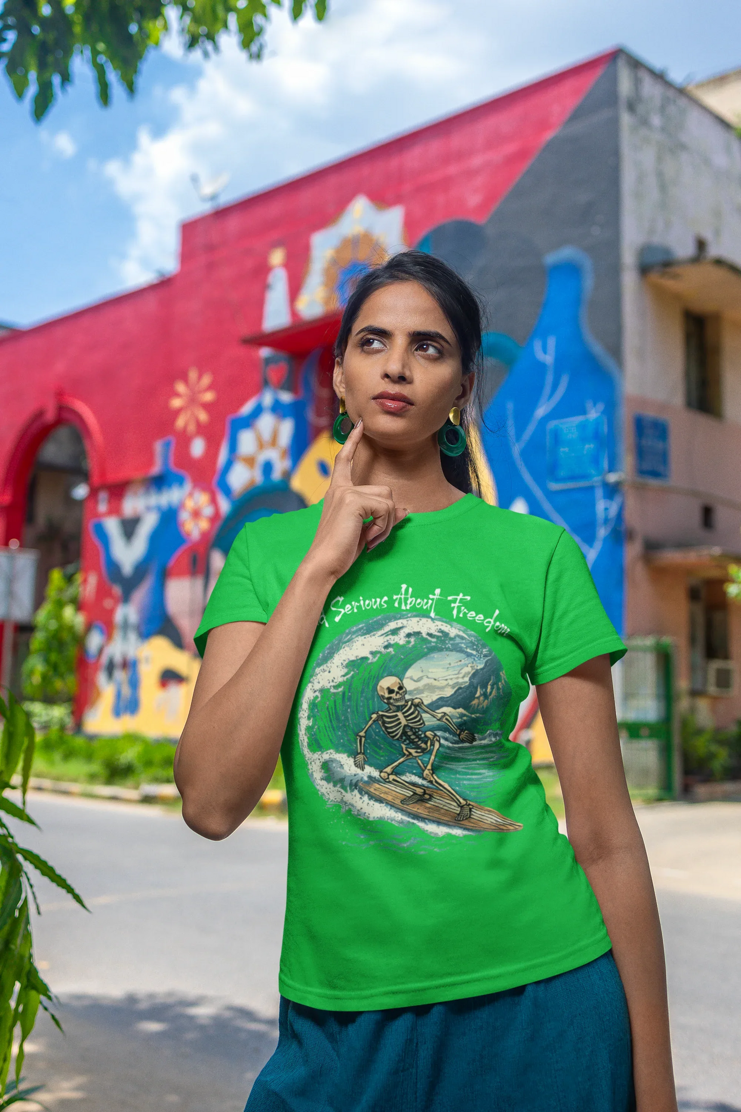 Dead Serious About Freedom Surfing Skeleton T‑Shirt - warehousetech13