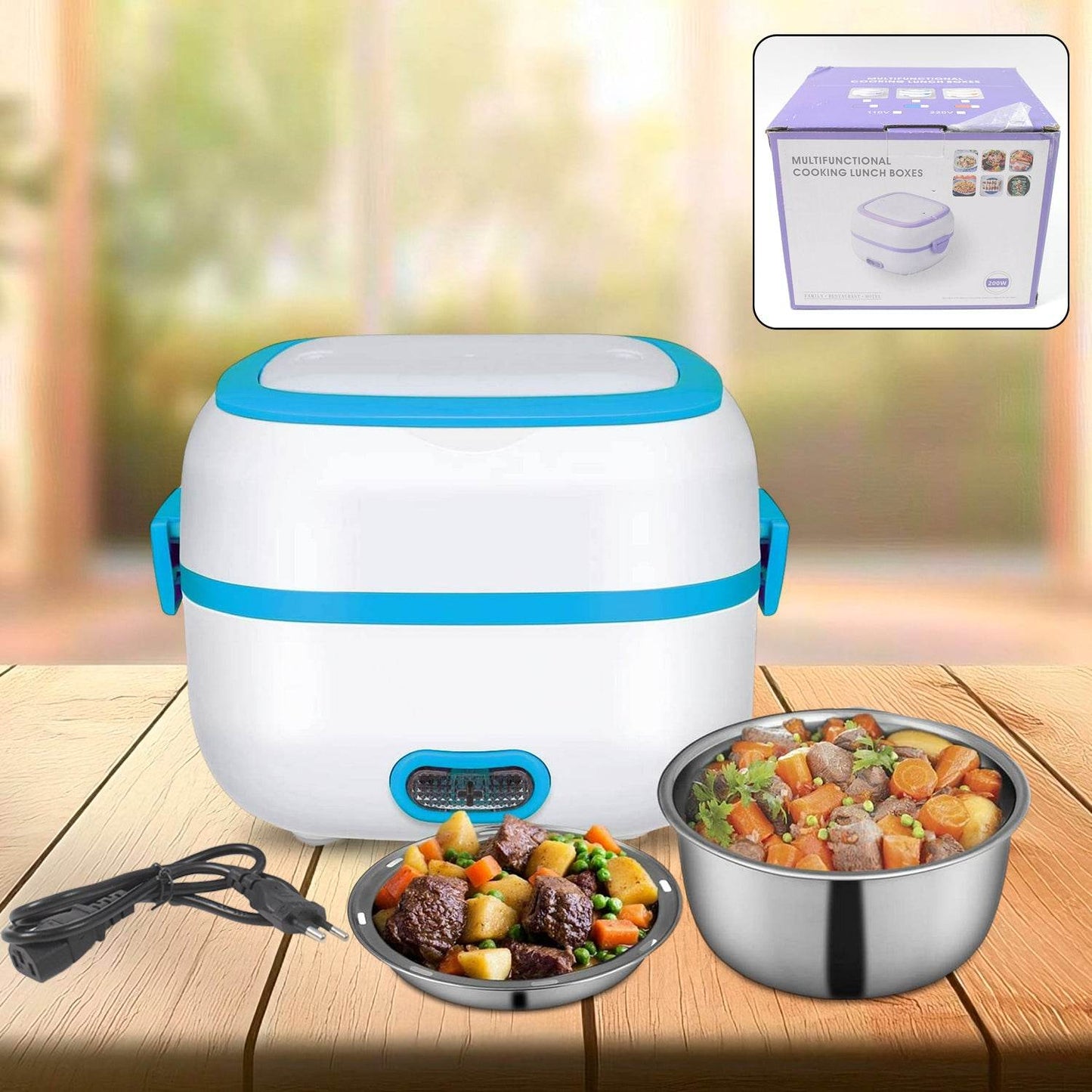 Electric Lunch Box 3 In 1 Food Heater Cooker Steamer With Stainless Steel Bowls (1 Set) - warehousetech13