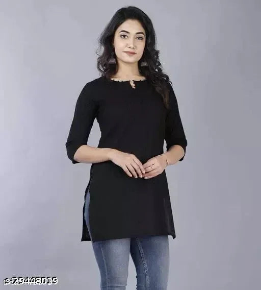 Black Women Cotton 3/4th Sleeve V-neck Short Kurta - warehousetech13