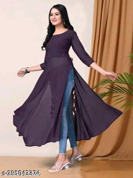 Stylish Wine Women Georgette A-Line Kurti - warehousetech13