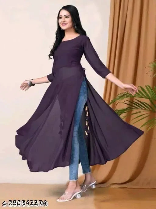 Stylish Wine Women Georgette A-Line Kurti - warehousetech13