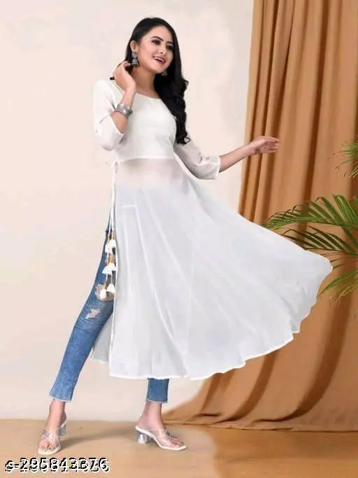 Classy White Women Georgette A-Line Kurti - warehousetech13