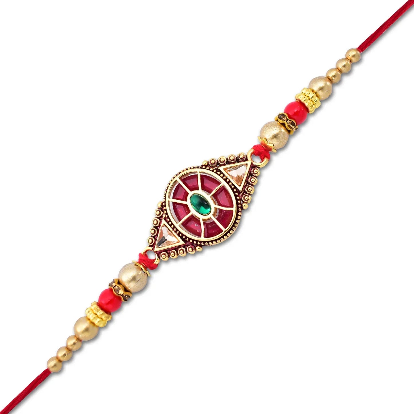 Royal Designer Rakhi With Kundan Centerpiece Red Green Enamel Work And Golden Beads - warehousetech13