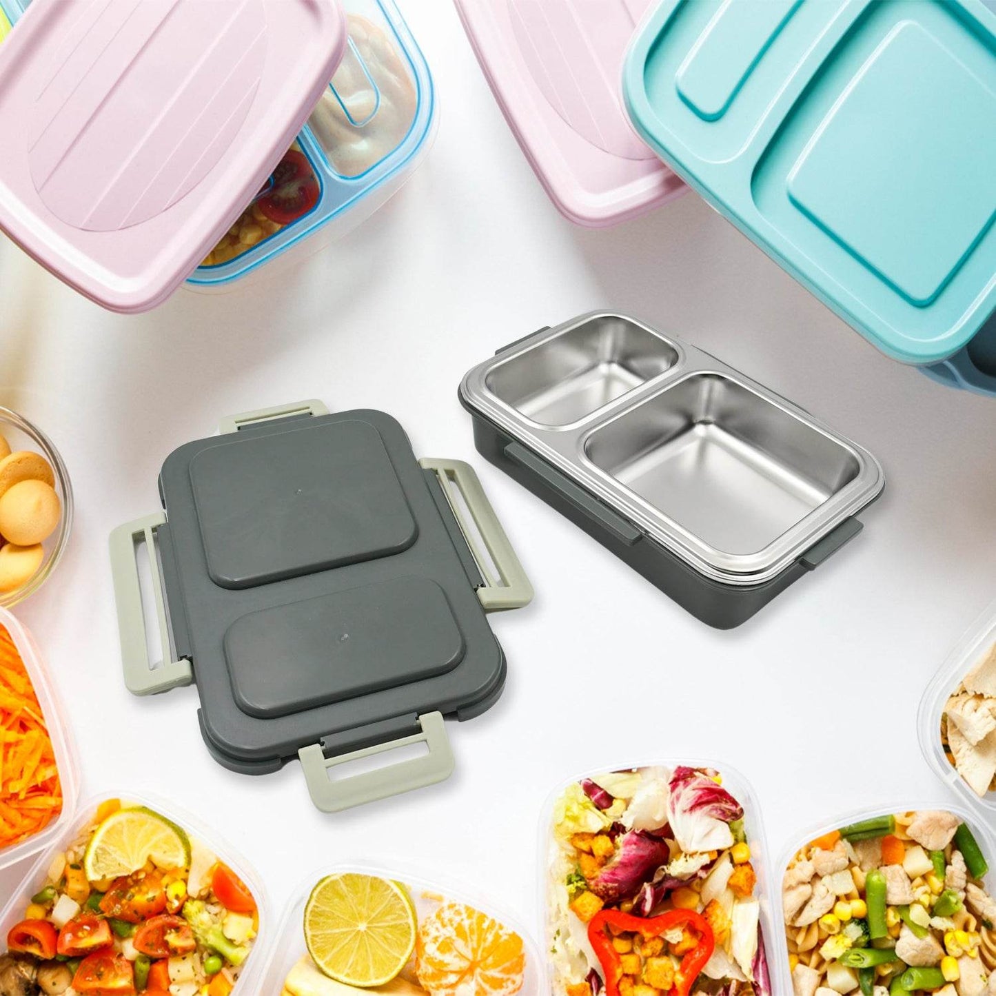 Miracle Quick Lock Leak Proof 2 Compartment Stainless Steel Lunch Box Inner Plate Reusable Microwave Freezer Safe Lunch Box - warehousetech13