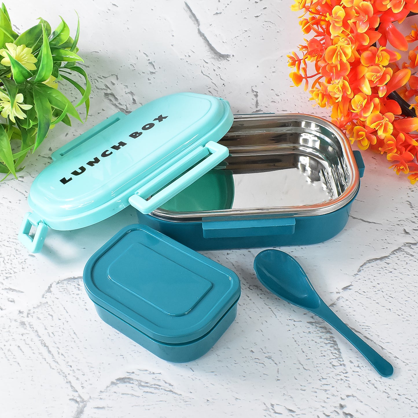 3 In 1 Spicy Bite Stainless Steel Lunch Box With Plastic Small Box Spoon (1 Set) - warehousetech13