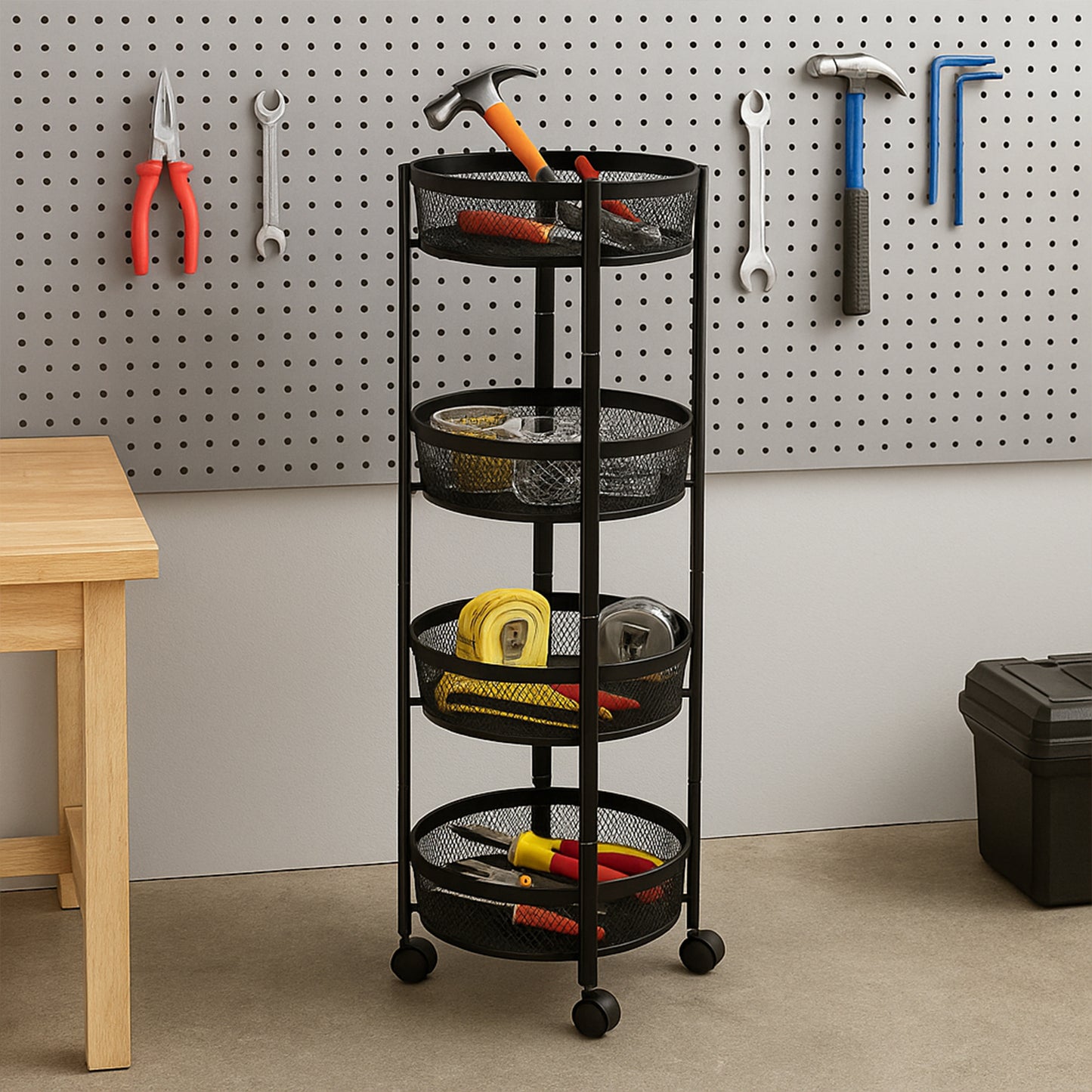Round Metal Mesh Storage Organizer Rack,4-layer With Wheels (1 Pc)
