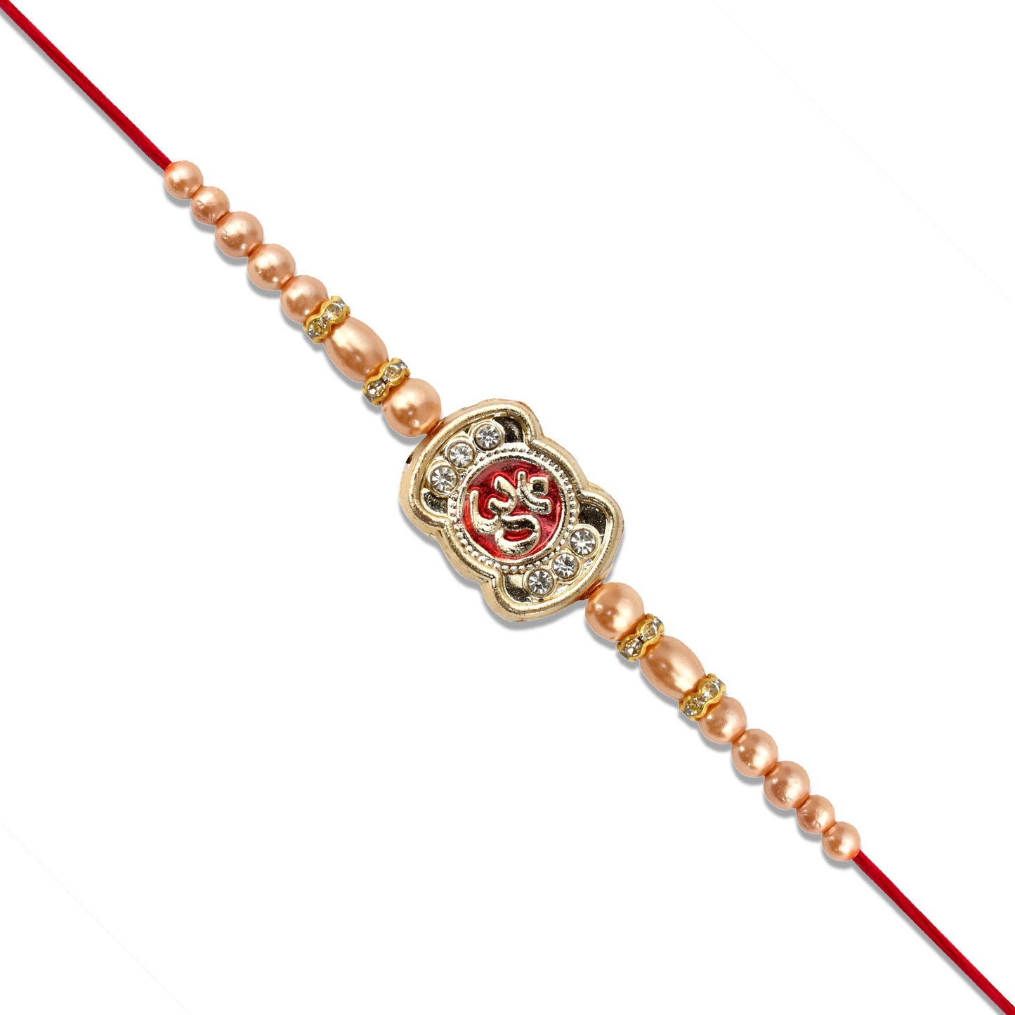 Om Rakhi With Stone Embellishments Golden Beads - warehousetech13