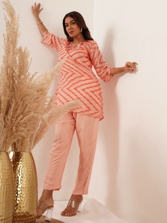 Floral Printed Organza Mirror Work V-Neck Straight Kurta With Trousers - warehousetech13