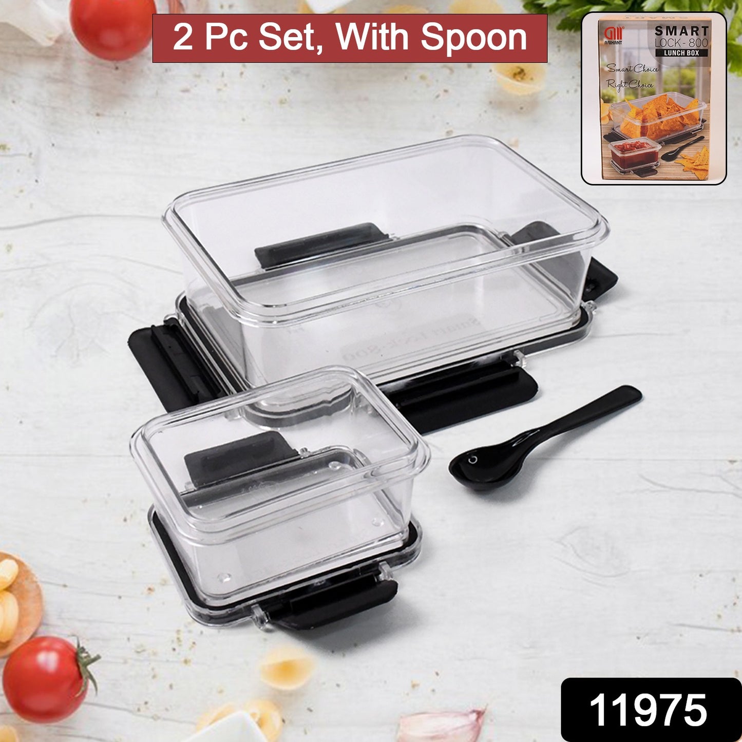 Plastic Kitchen Storage Container Big 800 Ml Small 250 Ml With Air Seal Lock Lid Spoon - warehousetech13