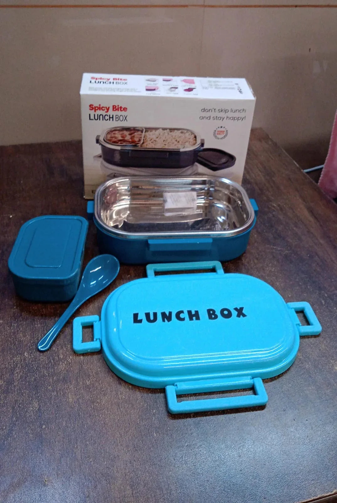 3 In 1 Spicy Bite Stainless Steel Lunch Box With Plastic Small Box Spoon (1 Set) - warehousetech13