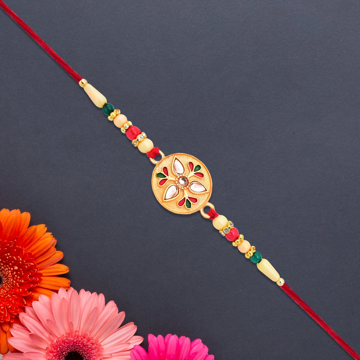 Sacred Kalash Design Rakhi With Embellished Beads And Red Thread - warehousetech13