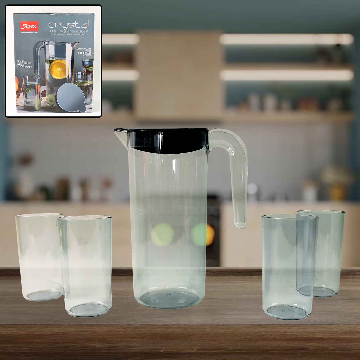 Apex Crystal Premium Jug With Lid 4 Pcs Glass (1500 Ml 300 Ml Approx 5 Pcs Set) - warehousetech13