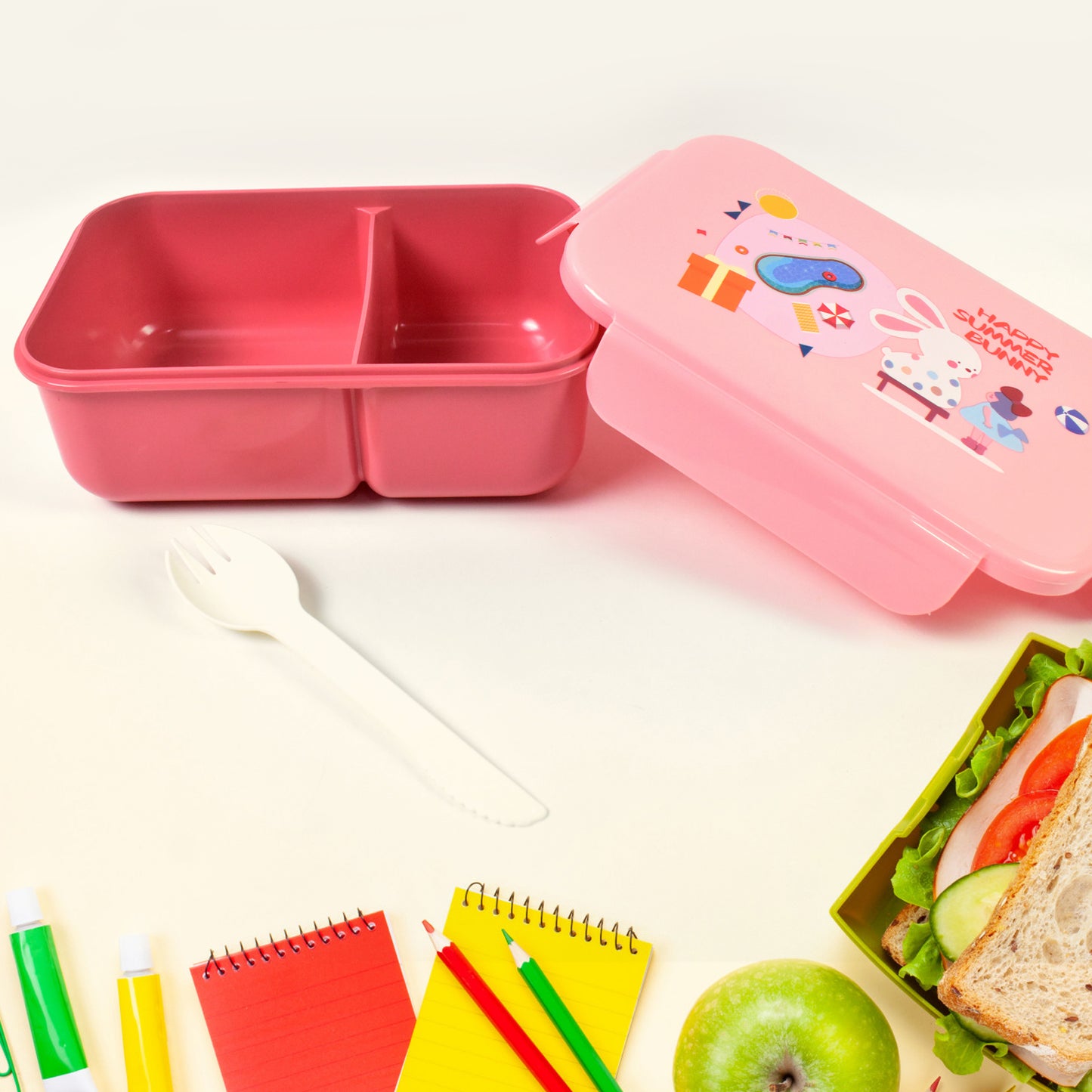 Plastic Lunch Box Leak Proof 2 Compartment With Bottle And Fork (1 Set Mix Color) - warehousetech13