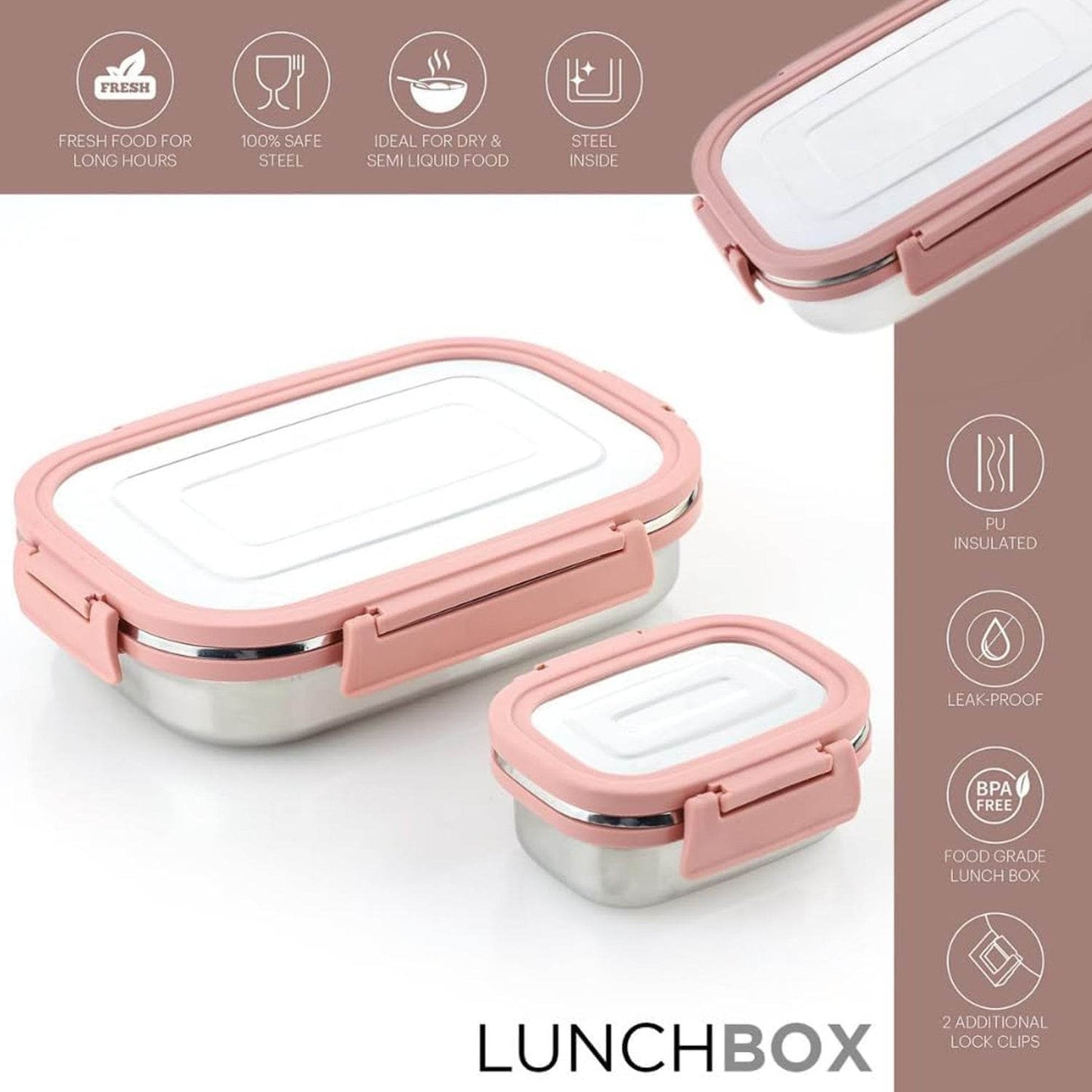 Premium Stainless Steel Leak Proof Air Tight Lunch Boxes (900ml+200ml Approx 2 Pc Set) - warehousetech13