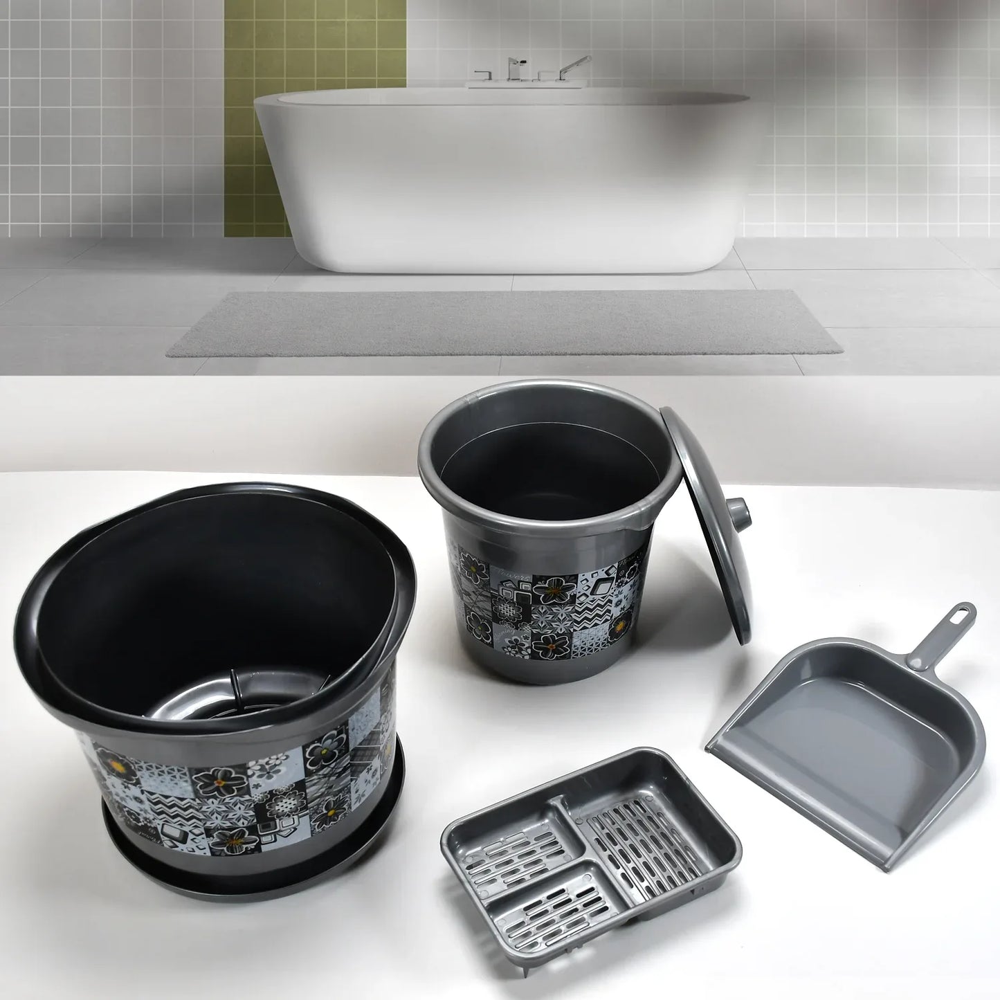 4050 Large Capacity Plastic Bathroom Set Of 7pieces (1pc Big Tub 1pc Bucket1pc Dustbin 1pc Mug 1pc Soap Case 1pc Dustpan 1pc Stool) - warehousetech13