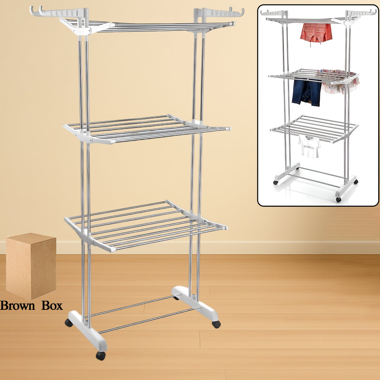3-tier Foldable Stainless Steel Cloth Drying Stand With Wheels - warehousetech13