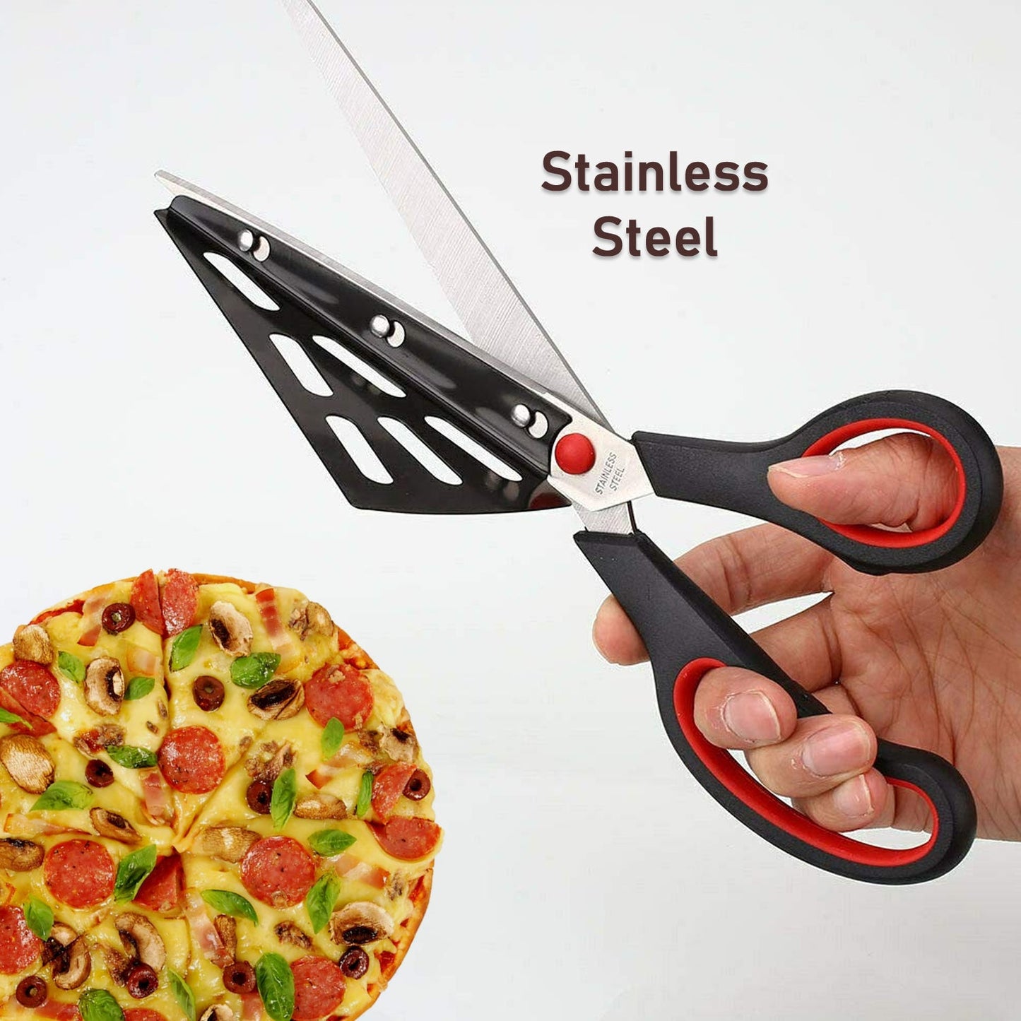 Stainless Steel Pizza Cutter Scissors Plastic Handle With Removable Spatula - warehousetech13
