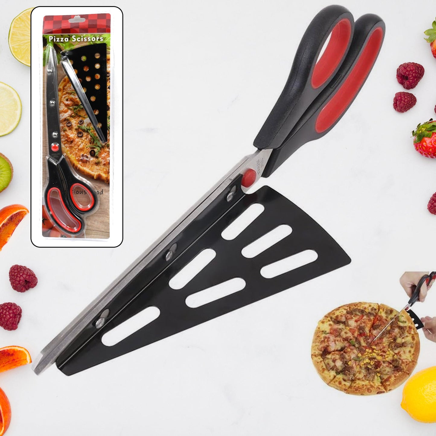 Stainless Steel Pizza Cutter Scissors Plastic Handle With Removable Spatula - warehousetech13
