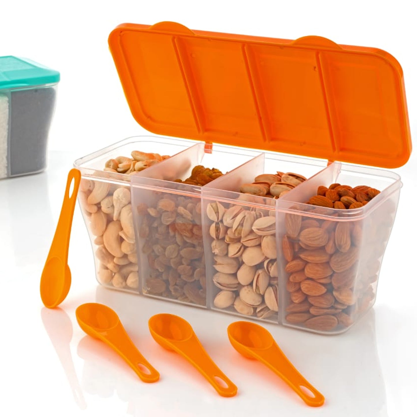 5578 Kitchen Multipurpose Air-tight 4 Sections Storage Containers Pickle (Achar) Jar With 4 Spoon For Each Section (1 Pc Mix Color) - warehousetech13