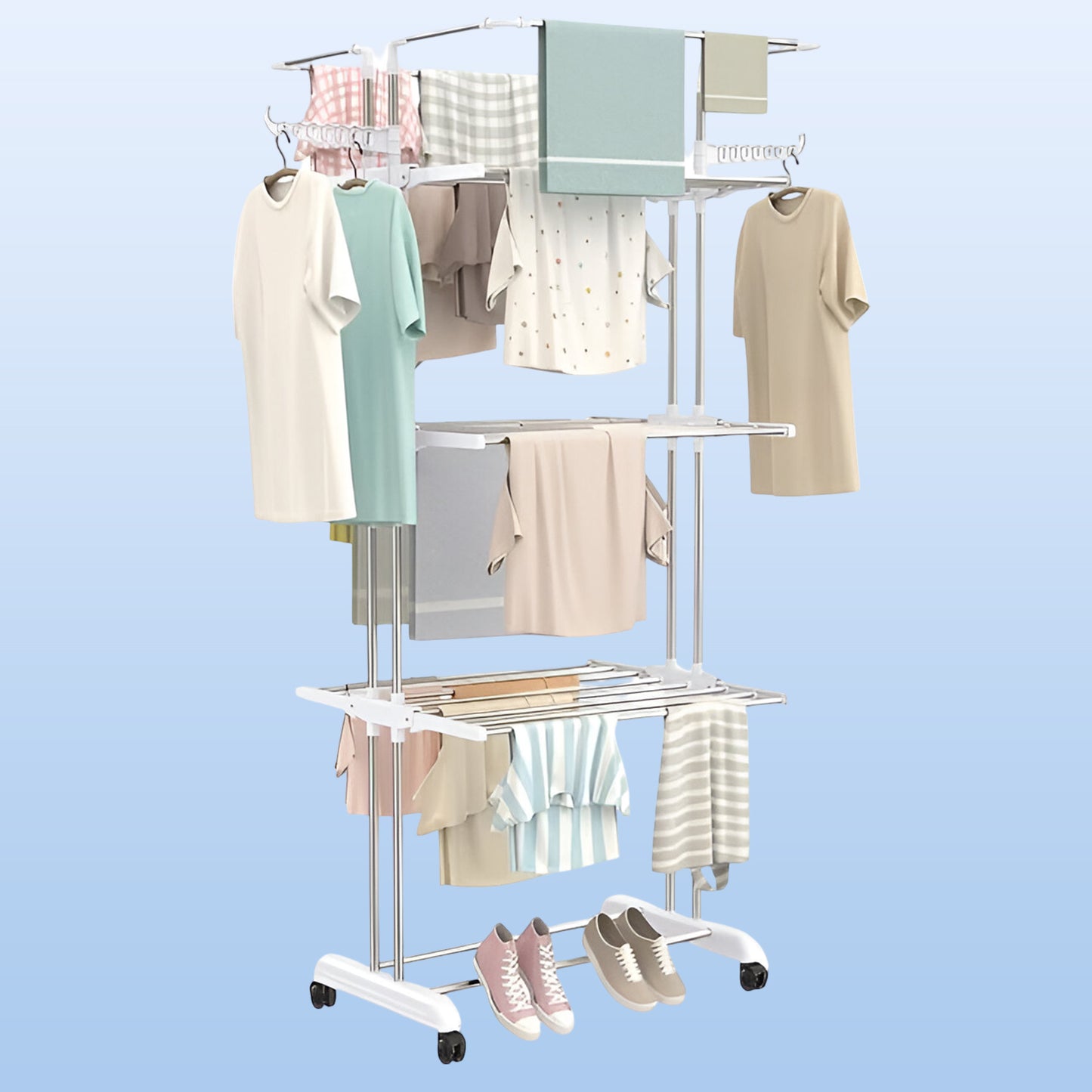 3-tier Foldable Stainless Steel Cloth Drying Stand With Wheels - warehousetech13