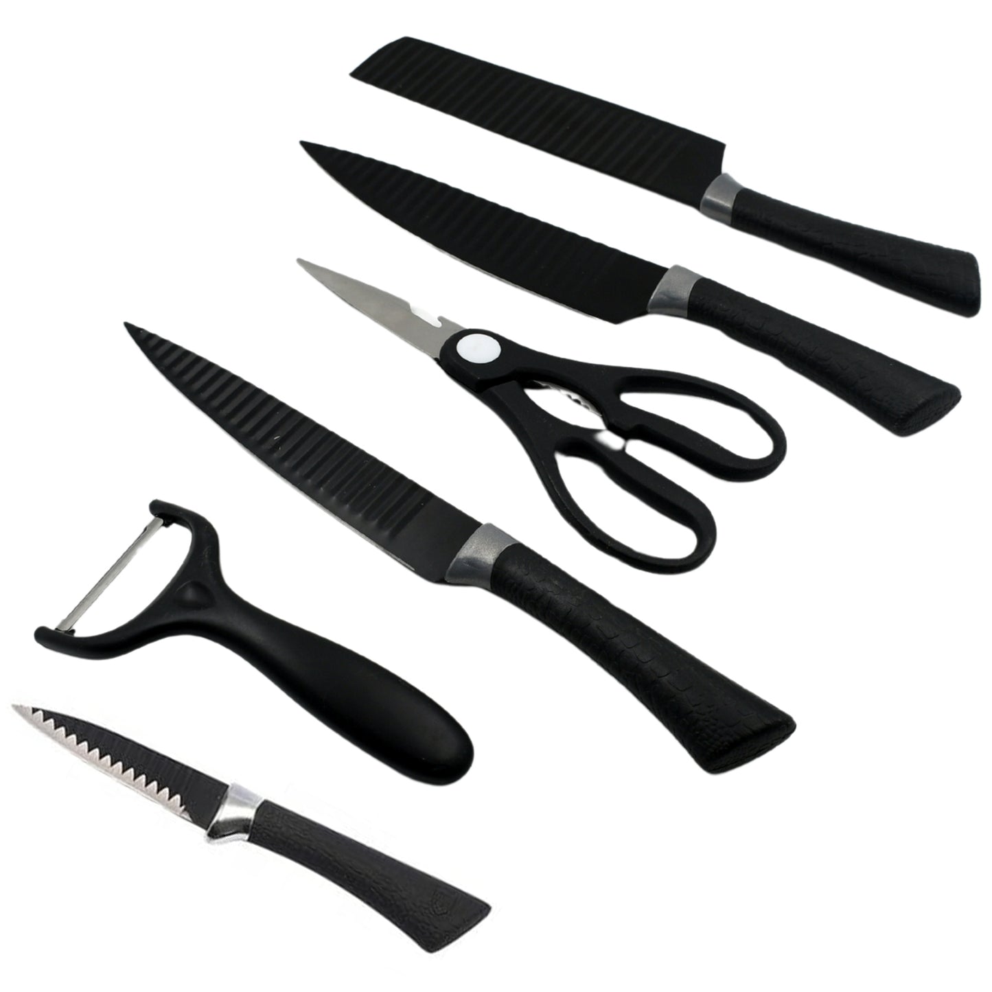 5629 6 Pieces Professional Kitchen Knife Set Meat Knife Chefs Knife With Non-slip Handle For Home Kitchen And Restaurant With Chef Peeler And Scissor (Stainless Steel 6 Pcs Set) - warehousetech13