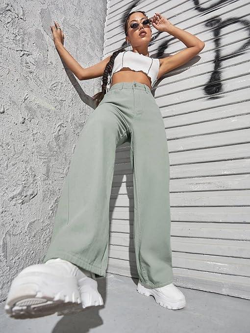 Womens High Rise Wide Light Moss Green Jeans - warehousetech13