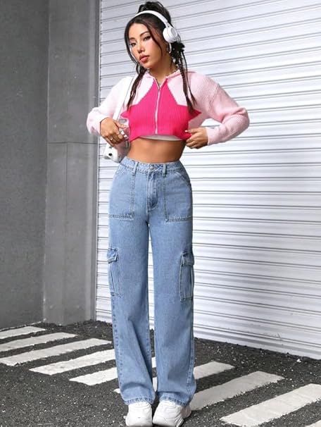 Women High Waist Cargo Jeans - warehousetech13
