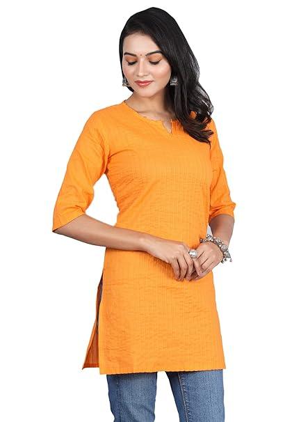 Women Cotton V-Neck Short Kurtis Orange - warehousetech13