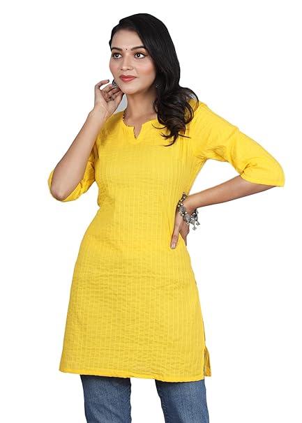 Women Cotton V-Neck Short Kurtis,Yellow - warehousetech13