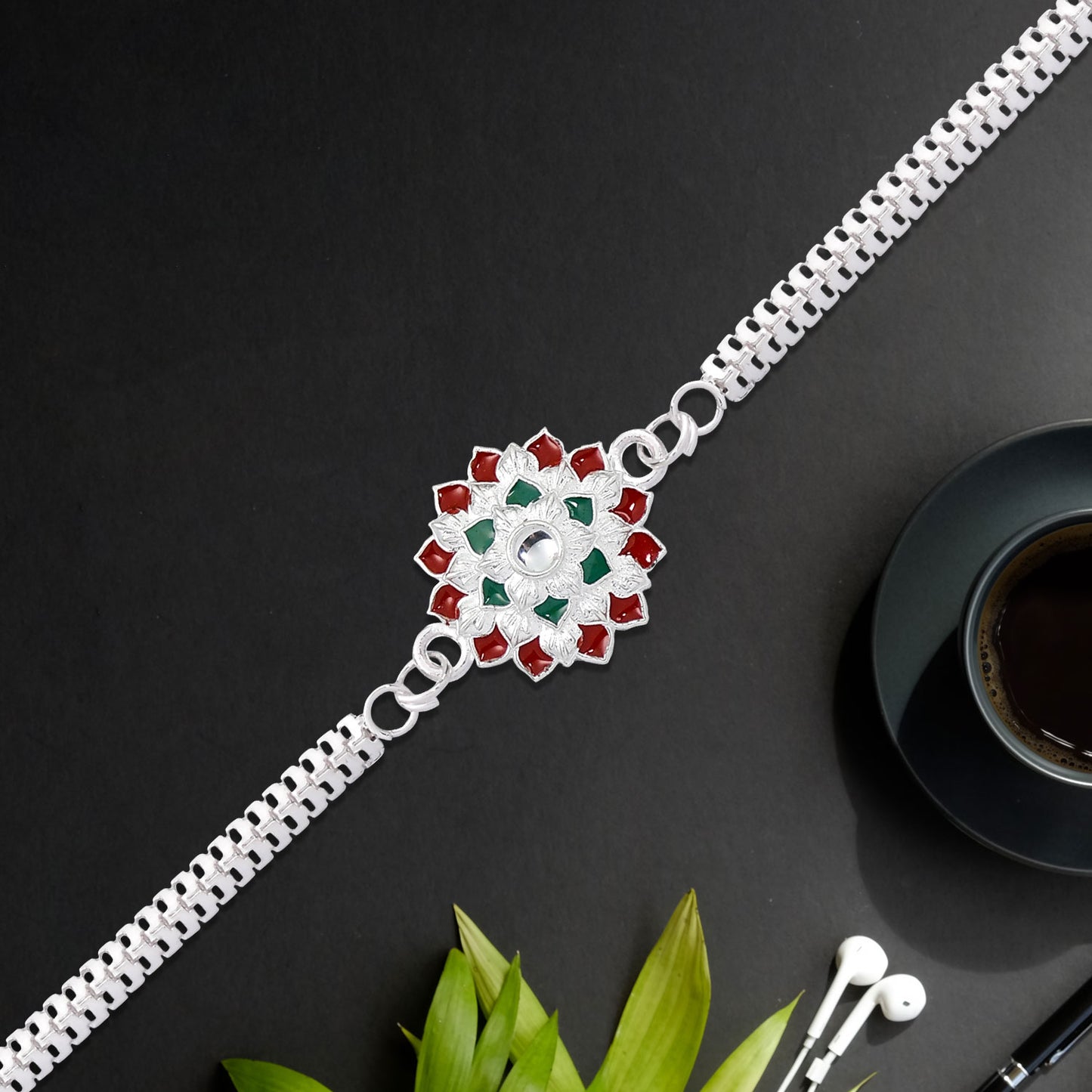 Traditional Floral Rakhi With Red Green Stones Silver Designer Rakhi For Brother - warehousetech13