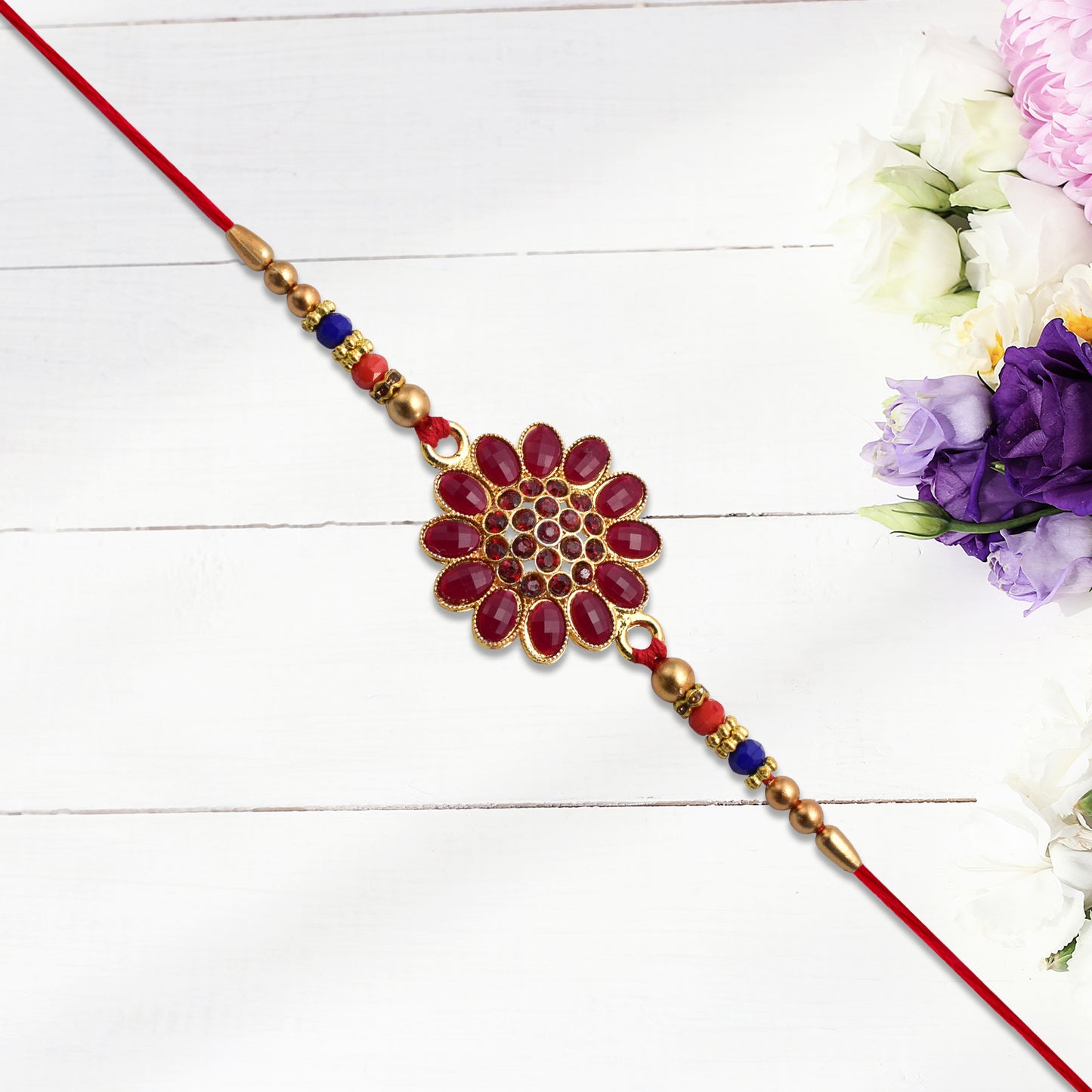 Red Floral Stone Rakhi With Bead Accents - warehousetech13