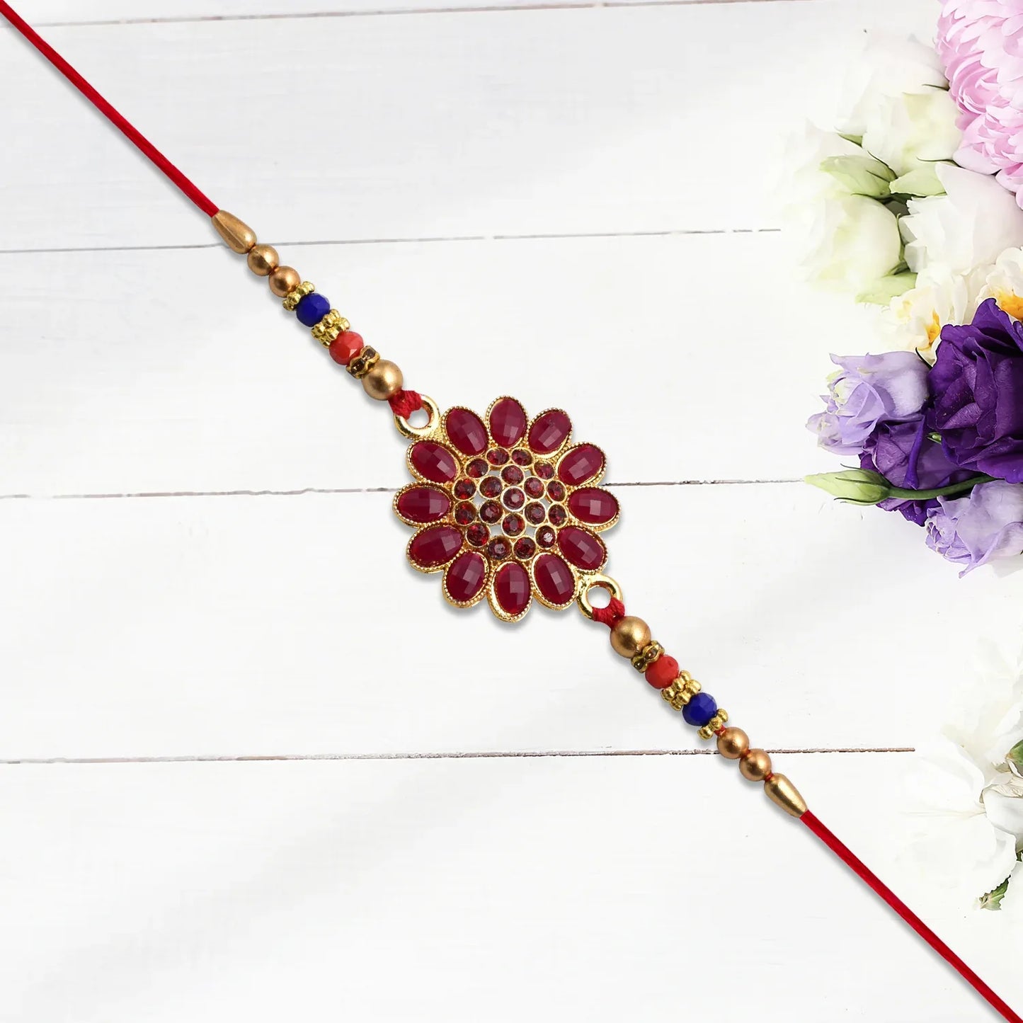 Red Floral Stone Rakhi With Bead Accents - warehousetech13