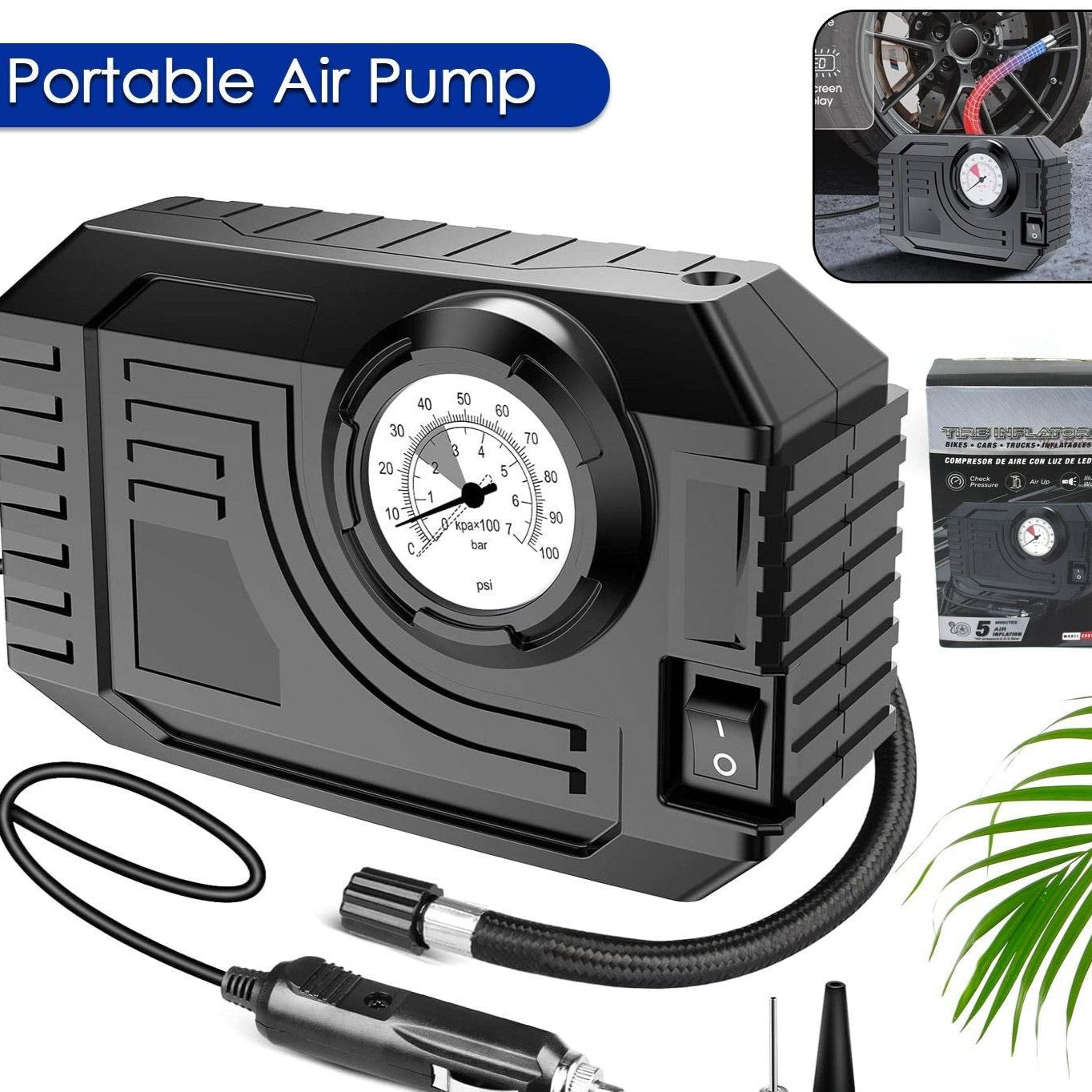 Tire Inflator Portable Air Compressor 12v Small Air Pump For Car Tires Bicycle Balloons Cars Bike Bicycles And Other Inflatables With Led Light (12v) - warehousetech13