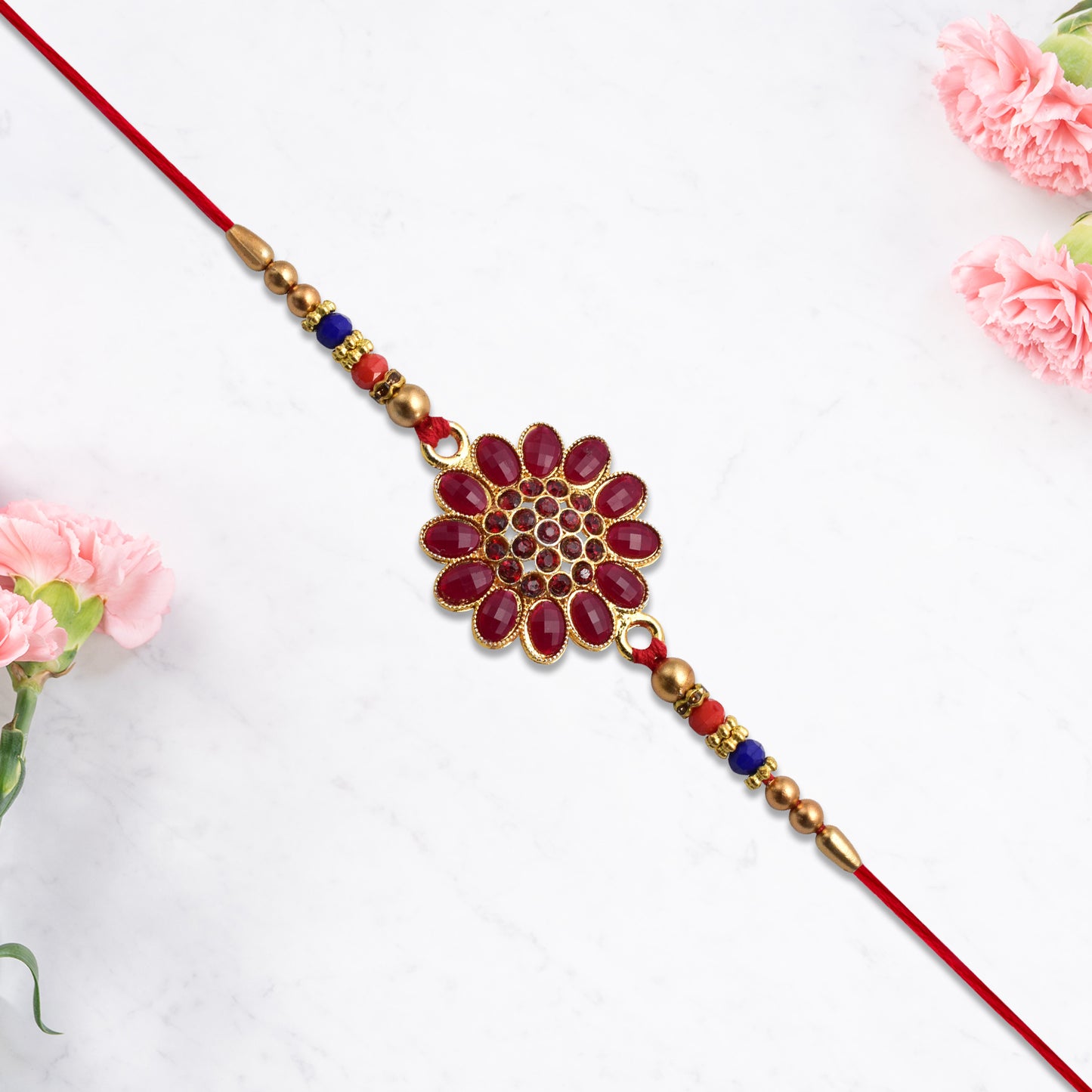 Red Floral Stone Rakhi With Bead Accents - warehousetech13