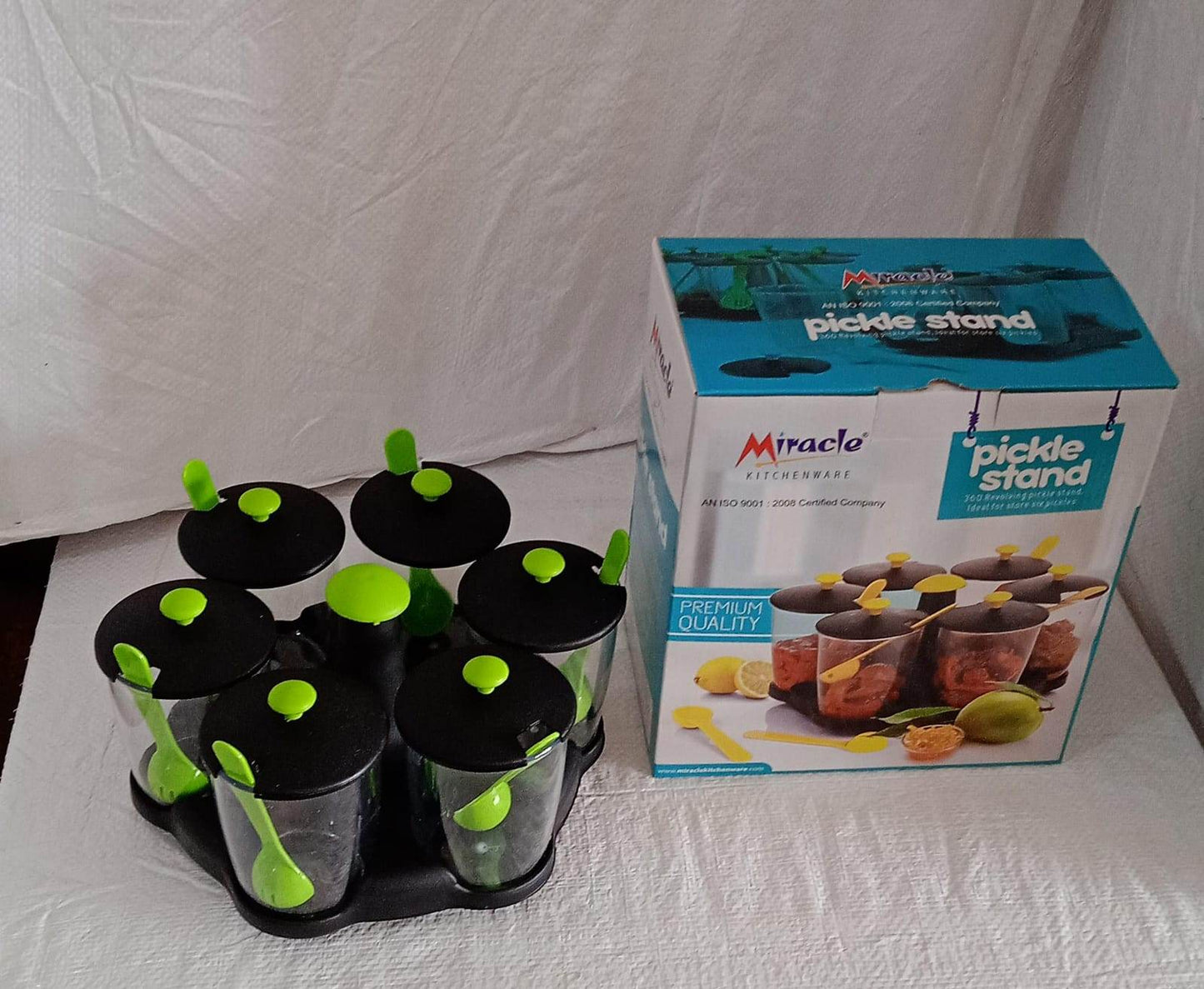 Multipurpose 6 Piece Miracle Revolving Plastic Spice Container Rack With 6 Spoon Condiment Set Masala Rack Set - warehousetech13