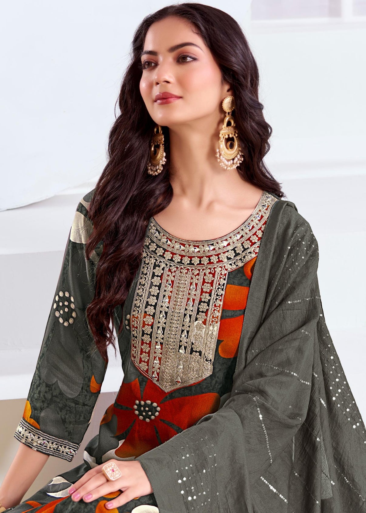 BulBul Roli Floral Printed Red & Grey Rayon Salwar Suit for Women | Elegant Ethnic Wear Set