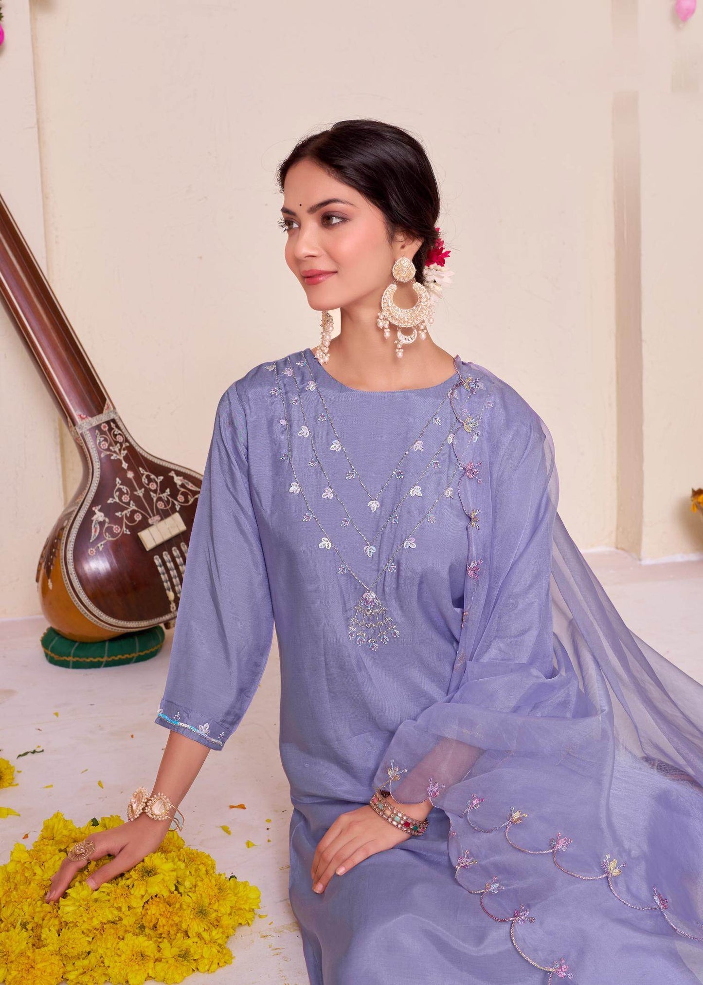 Roshni Muslin Yellow and Purple Kurta Set with Dupatta – Elegant Women’s Ethnic Wear Outfit