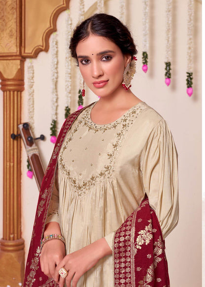 Gayatri Muslin Beige & Red Kurta Set with Dupatta – Elegant Festive Ethnic Wear for Women