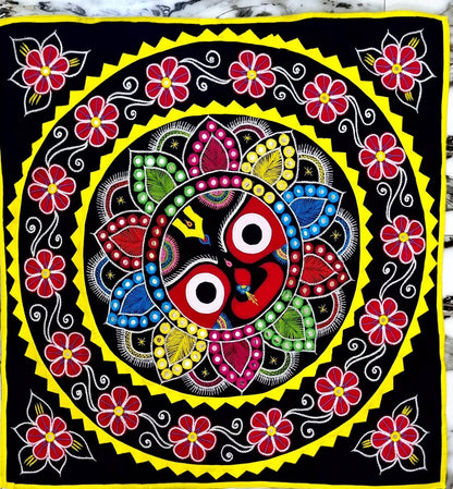 SHREE JAGANNATH MULTI COLOR DECORATED CHANDUA (MAROON / BLACK / RED BACKGROUND) A ODISHA HANDICRAFT APPLIQUE - warehousetech13