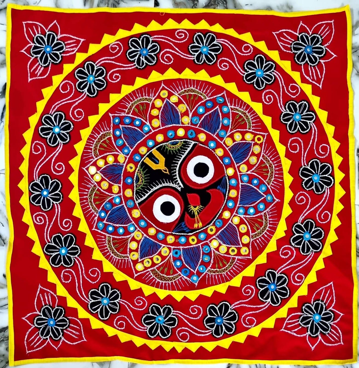 SHREE JAGANNATH MULTI COLOR DECORATED CHANDUA (MAROON / BLACK / RED BACKGROUND) A ODISHA HANDICRAFT APPLIQUE - warehousetech13