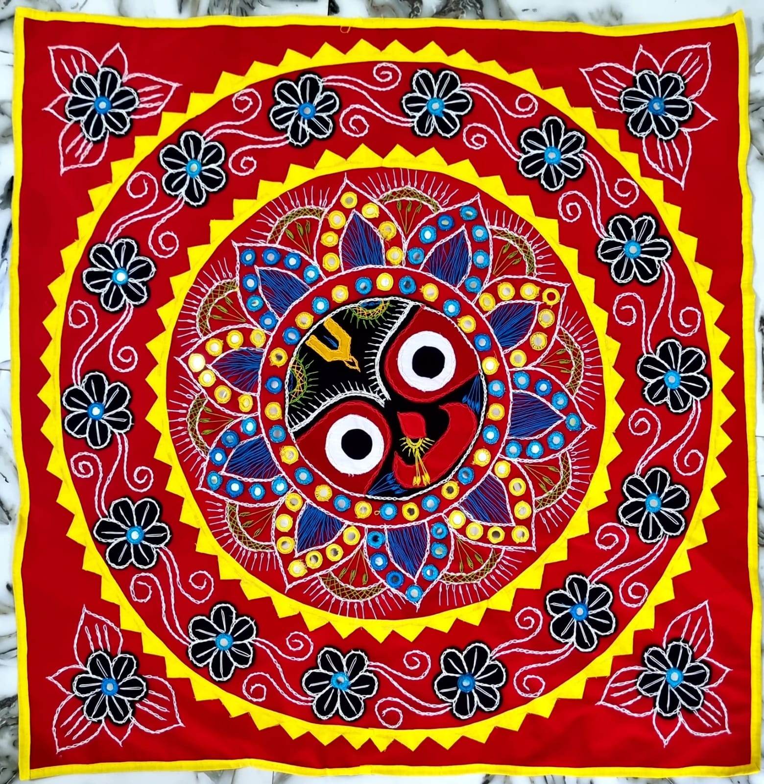 SHREE JAGANNATH MULTI COLOR DECORATED CHANDUA (MAROON / BLACK / RED BACKGROUND) A ODISHA HANDICRAFT APPLIQUE - warehousetech13