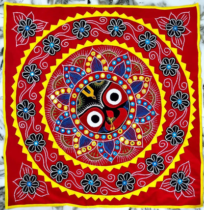 SHREE JAGANNATH MULTI COLOR DECORATED CHANDUA (MAROON / BLACK / RED BACKGROUND) A ODISHA HANDICRAFT APPLIQUE - warehousetech13