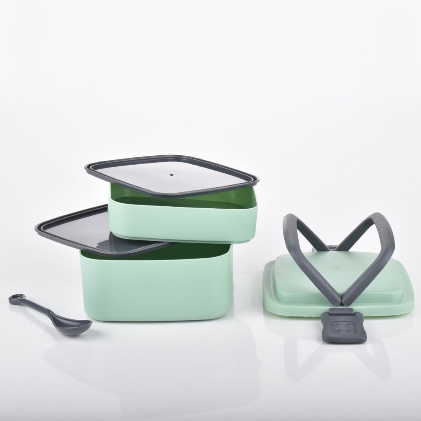 Green Double-Layer Stackable Lunch Box with Carry Handle & Included Spoon