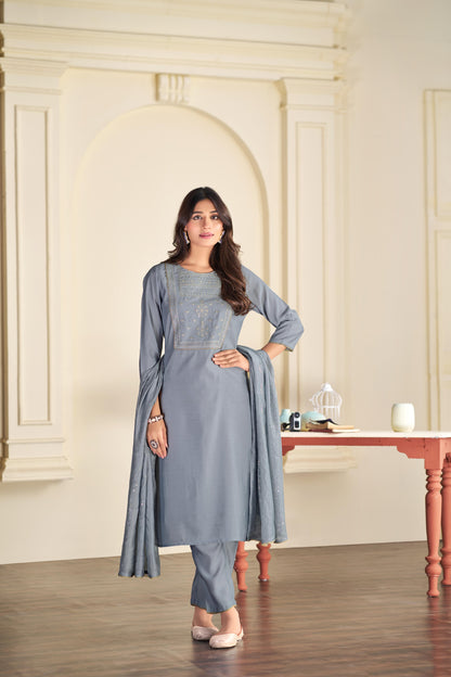 BulBul Aadvi Solid Grey & Green Embroidered Roman Silk Salwar Suit for Women | Festive & Party Wear Ethnic Ensemble