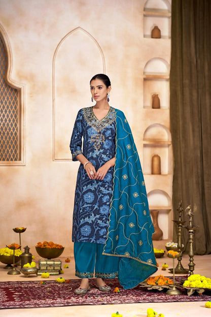 Rashmi Chanderi Navy & Pink Kurta Set with Dupatta - Elegant Modal Fabric Ethnic Wear - warehousetech13