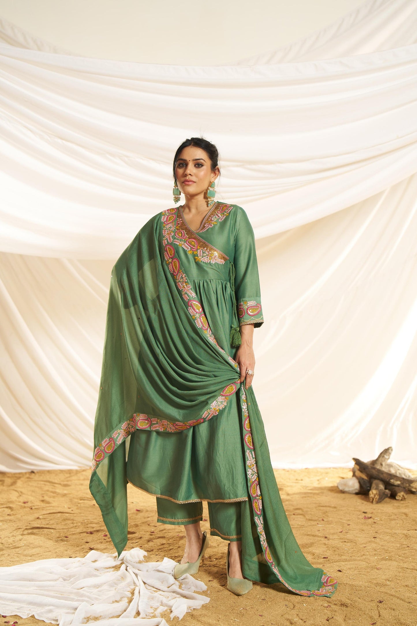 Kayra Green Paisley Embroidered Angrakha Suit Set - Chinnon Silk