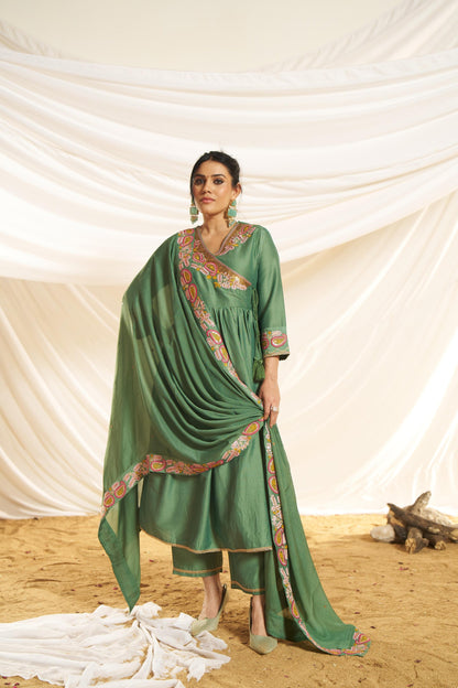 Kayra Green Paisley Embroidered Angrakha Suit Set - Chinnon Silk