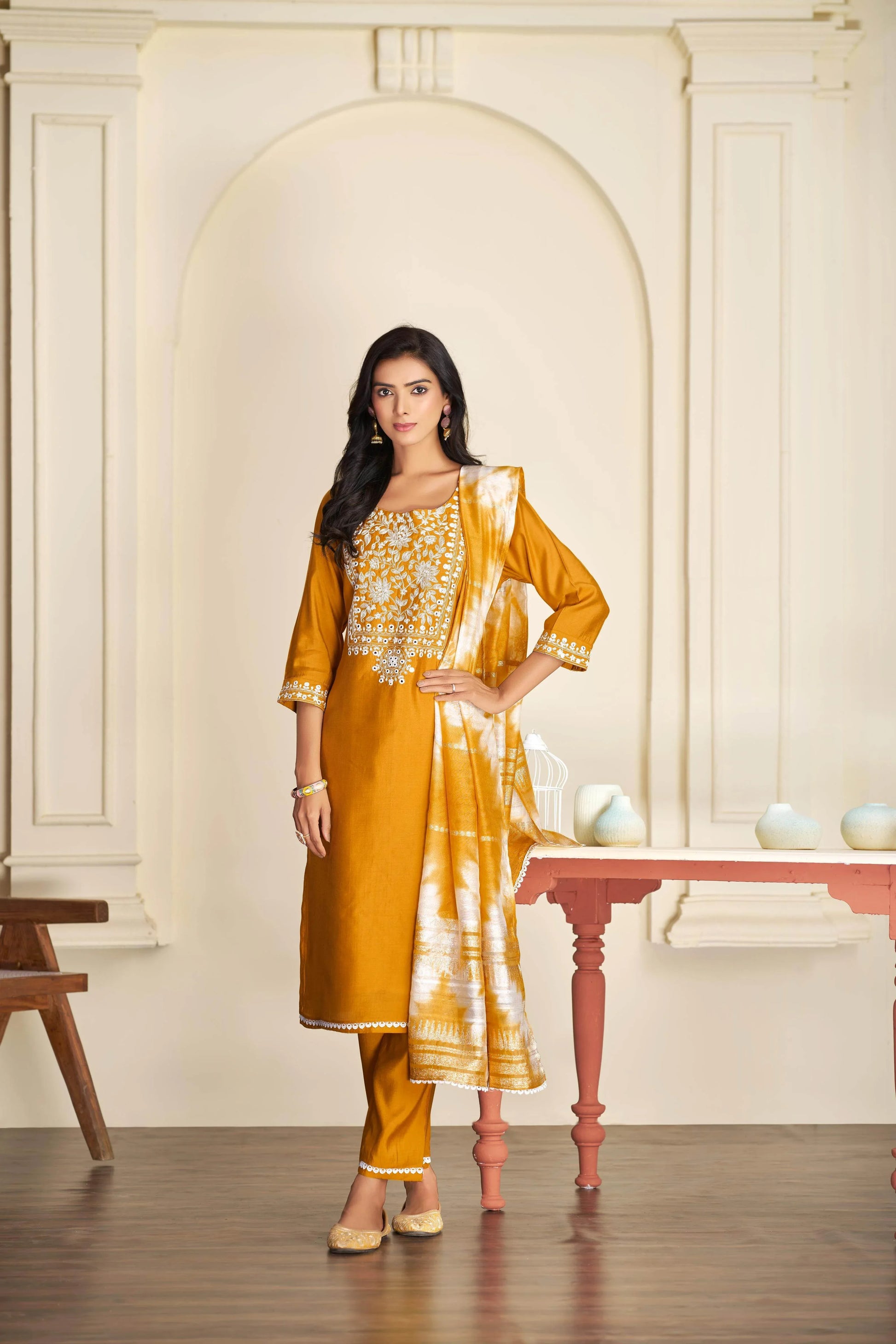 Shreya Silk Rama & Mustard Kurta Set with Dupatta for Women – Elegant Festive Ethnic Wear - warehousetech13