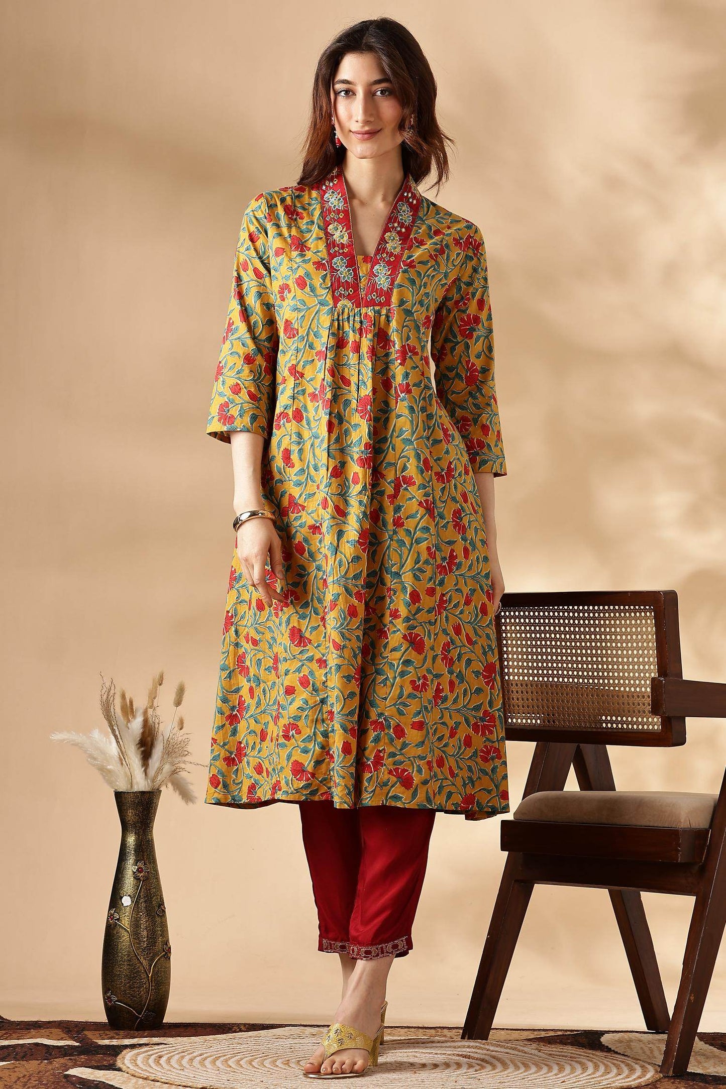Anupriya Cotton Kurta Set for Women | Blue & Mustard with Dupatta