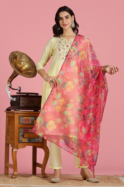 Butter Yellow Chanderi Silk Kurta Set with Resham Zari Floral Embroidery